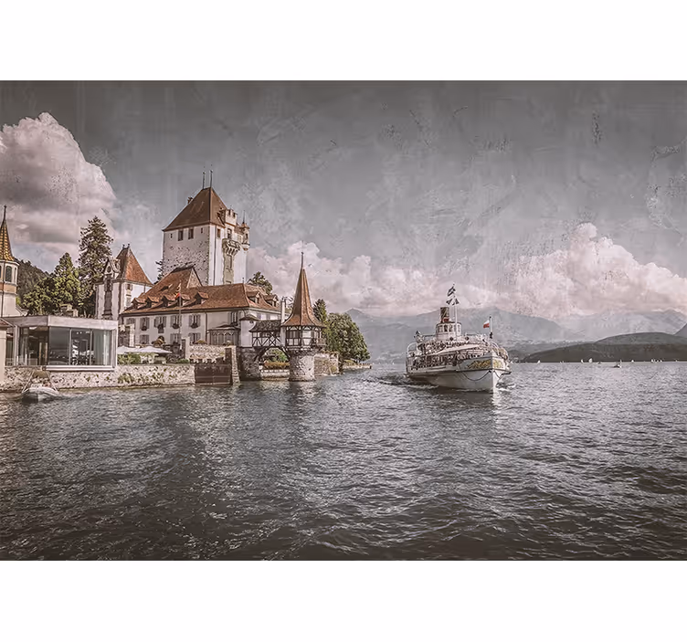 Roleta do obývačky klasický dom pri jazere s loďou - Tenstickers