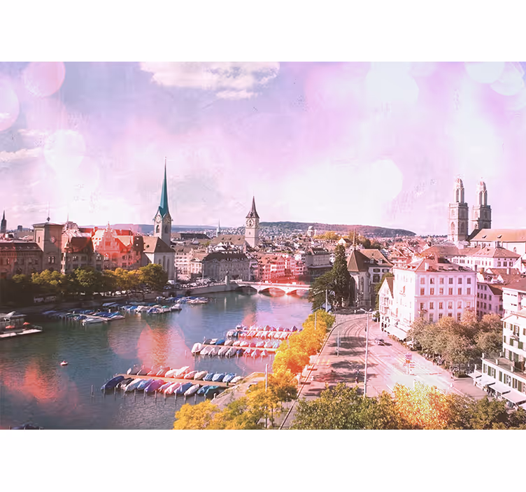 Roleta do obývačky s výhľadom na domy a jazero v zürichu - Tenstickers