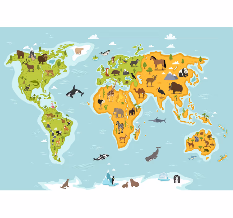 Nástenná maľba mapa sveta zvierat - Tenstickers
