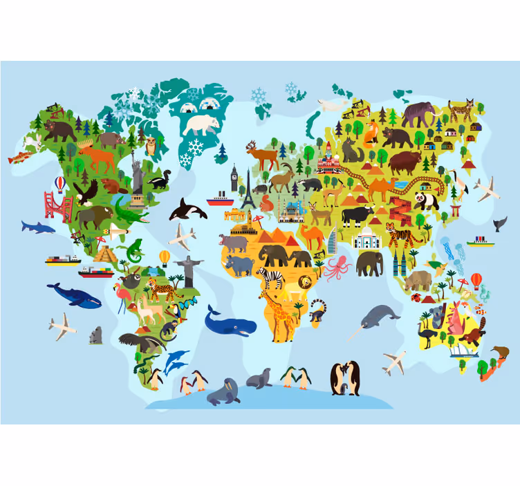 Svetová mapa detí s pamätníkmi a zvieratami - Tenstickers