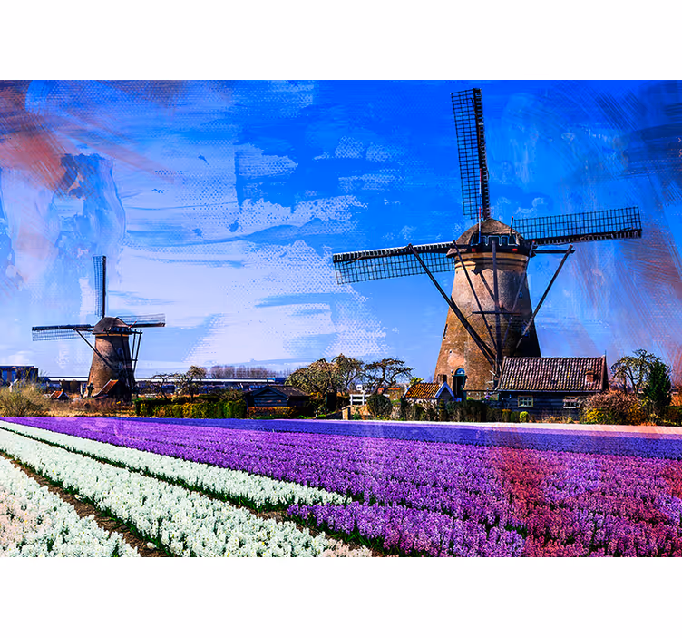 fototapety na stenu mesta veterné mlyny na tulipánovom poli - Tenstickers