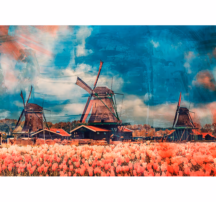 fototapety na stenu mesta tulipánové polia a veterné mlyny - Tenstickers