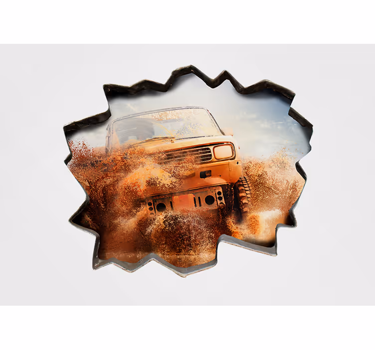 Závodné auto rozbíjajúce bielu stenu auto fototapeta - Tenstickers
