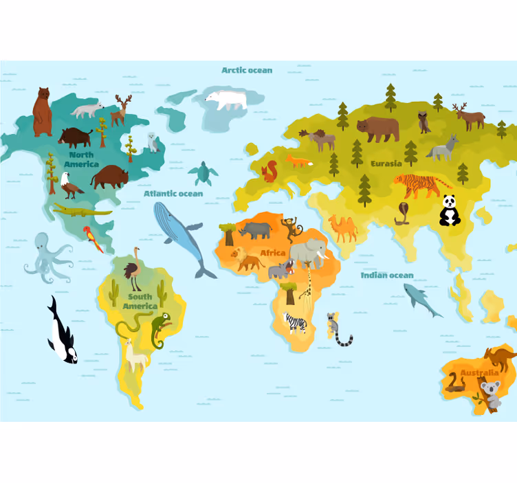 Nordic so zvieratami mapa sveta nástenná fototapeta - Tenstickers