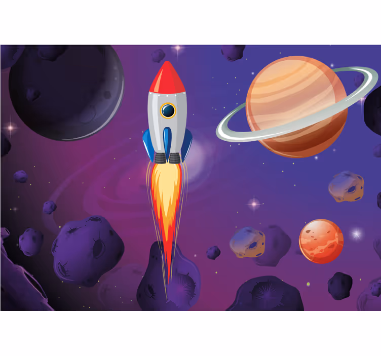 Kreslené detské nástenné fototapeta raketa cez vesmír - Tenstickers