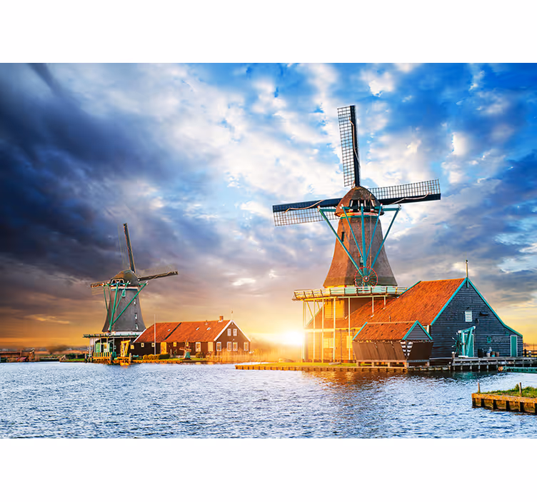 Fototapeta Amsterdam západ slnka holandský veterný mlyn - Tenstickers