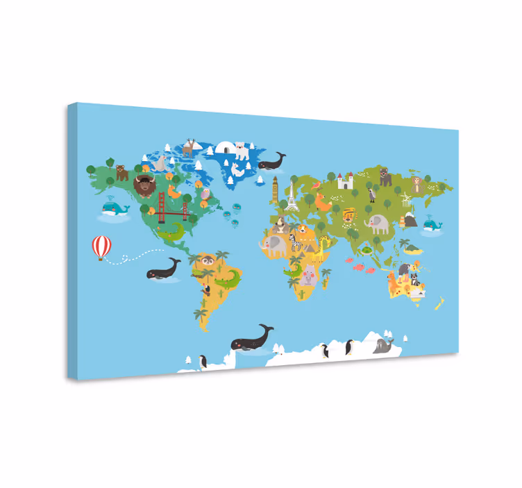 Kreslené zvieratá mapa sveta obrazy na stenu - Tenstickers
