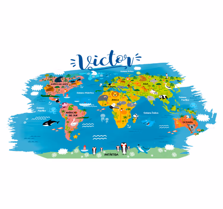 Vinylový koberec s mapou sveta zvierat s menami - Tenstickers
