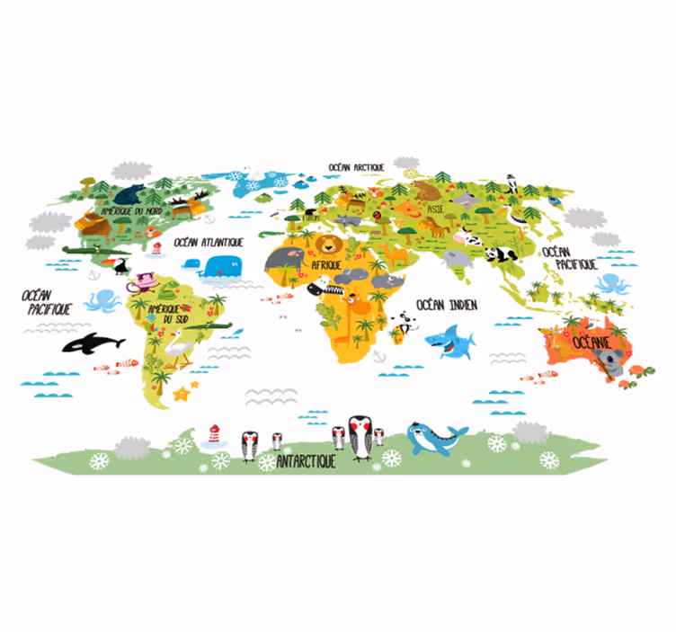 Vinylový koberec s mapou sveta pre deti zvieratá - Tenstickers
