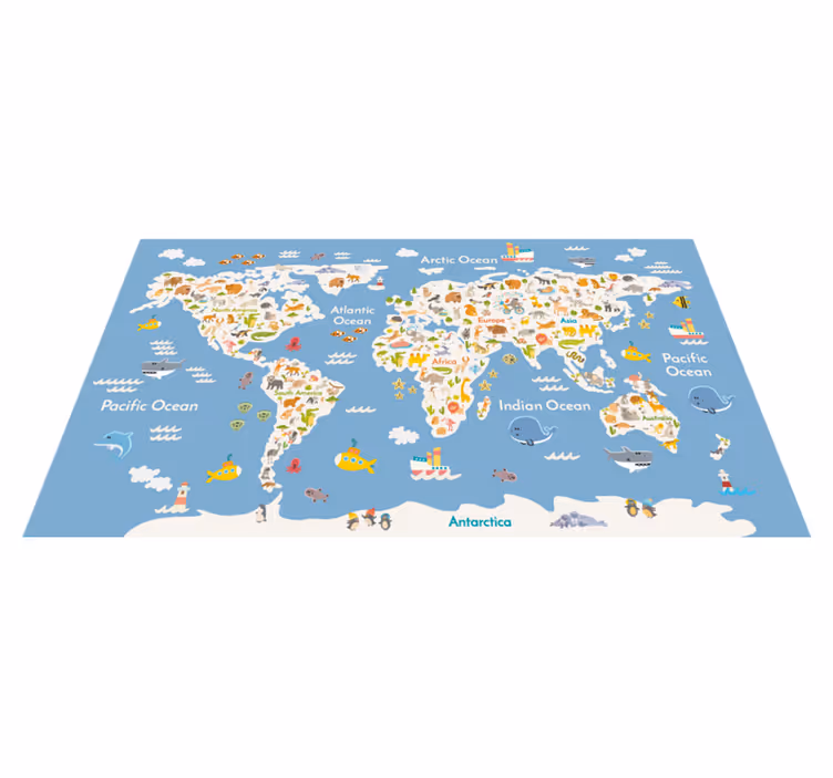 Vinylový koberec s mapou sveta biela fauna pre deti - Tenstickers