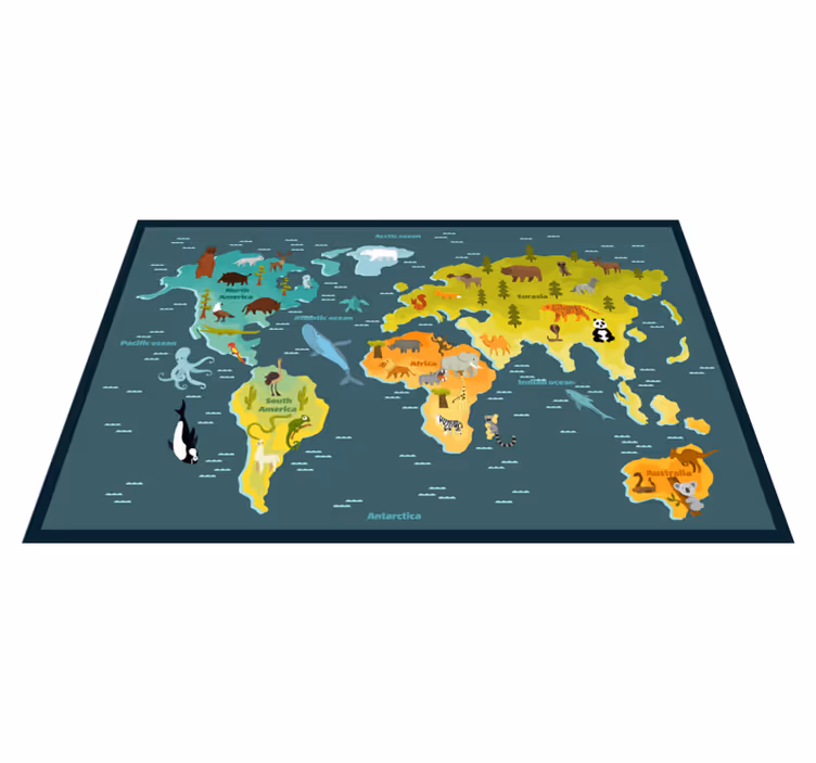 Detská mapa sveta so zvieratami detský vinylový koberec - Tenstickers
