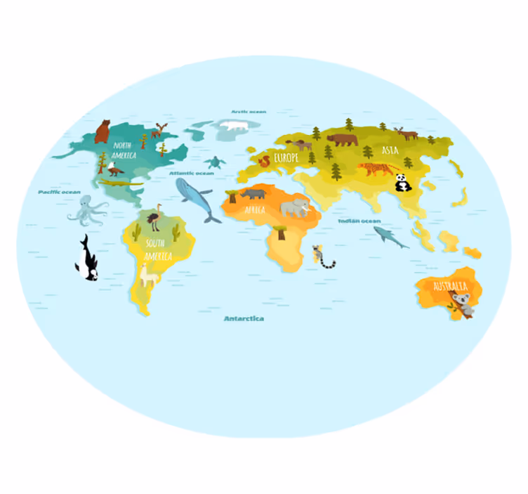 vinylový kvoberec s mapou sveta ilustrovaná mapa zvierat - Tenstickers