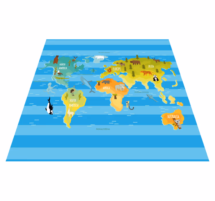 Typické zvieratá na kontinentoch mapa sveta koberec - Tenstickers