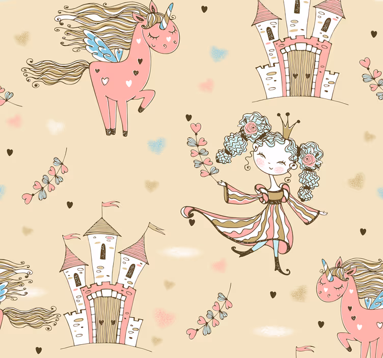 Detská tapeta pre jednorožca, hrad a princeznú - Tenstickers