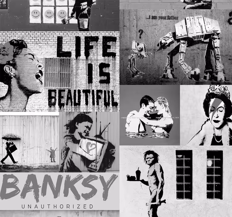Umenie tapety banksy - šedá koláž - Tenstickers
