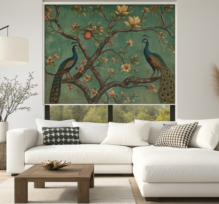 roleta do obývačky zdobená pávia tapiséria - Tenstickers