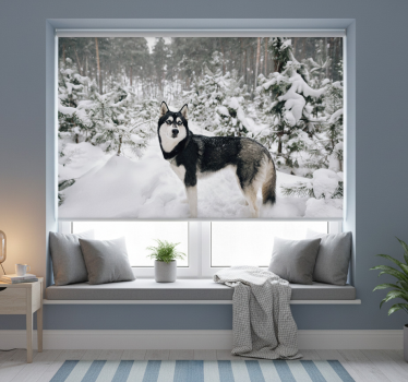 Biela roleta zimný les a husky pes - Tenstickers