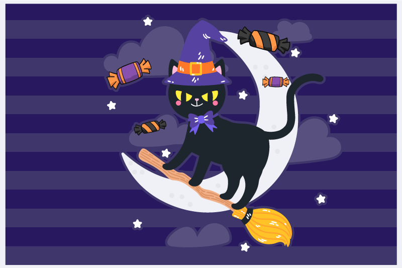 Halloweenske prestieranie s čarodejnickou mačkou na metle - Tenstickers