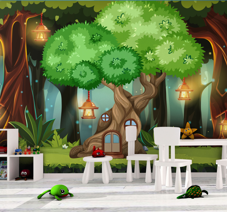 Fantasy domové lampióny na strome deti nástenné fototapeta - Tenstickers