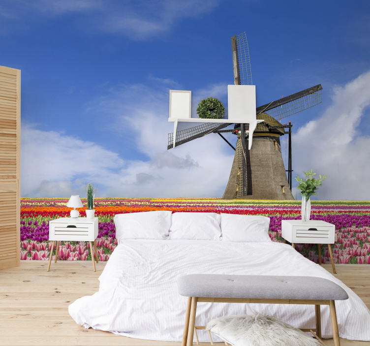 Tulipánové pole a nástenná maľba veterného mlyna - Tenstickers