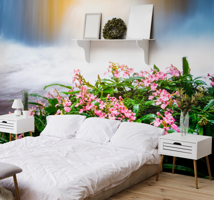 Vodopád s ružovými kvetmi vodopád nástenná maľba - Tenstickers