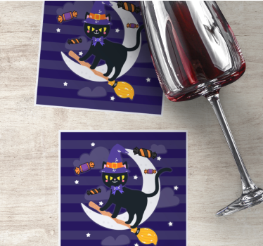 Podtácka halloween mačka čarodejnice na metle - Tenstickers