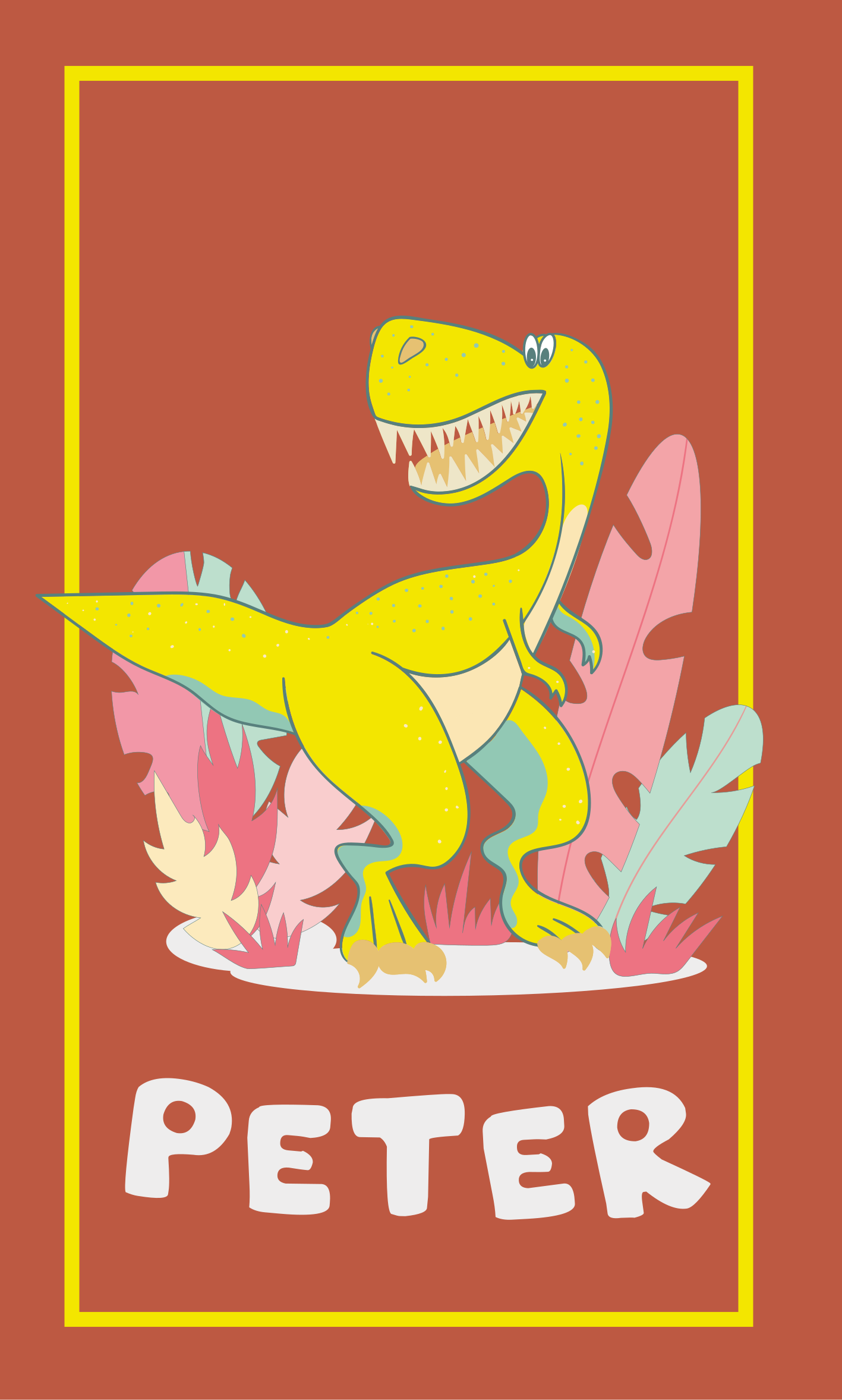 Plagát do detskej izby Žltý dinosaurus s rastlinami - Tenstickers