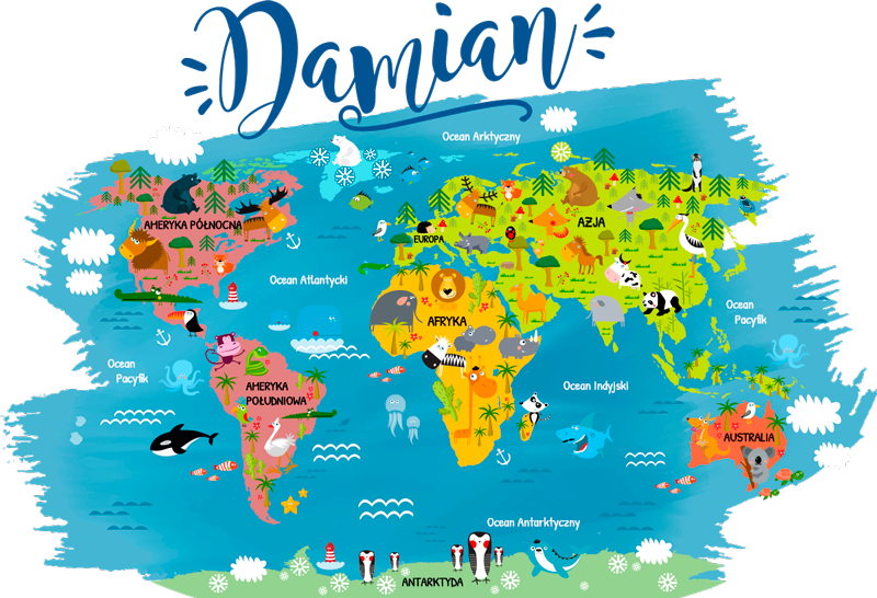 Plagát s mapou sveta s poľskými názvami zvierat - Tenstickers