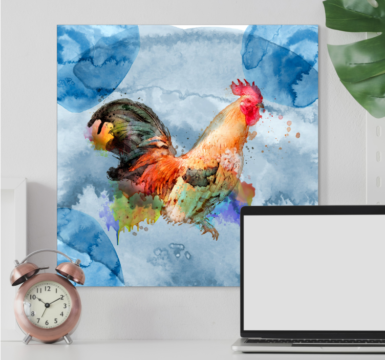Maľovaný kohút na vtákovom obrazy na stenus modrou textúrou - Tenstickers