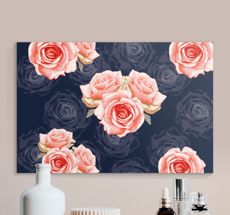 Ružové kvety s modrými 3d výtlačkami na obrazy na stenu - Tenstickers