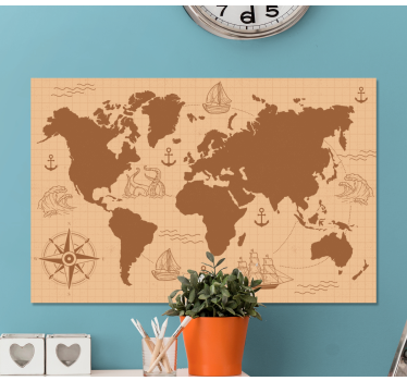 Hnedá s kompasom mapa sveta umelecké obrazy na stenu - Tenstickers