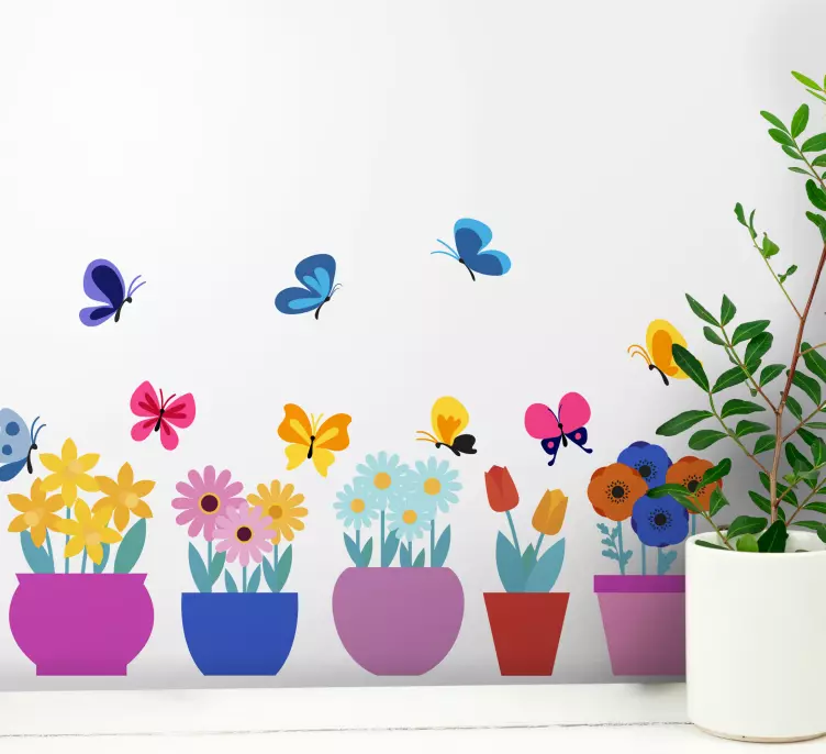 Farebné kvetináče motýle nálepka na stenu - Tenstickers