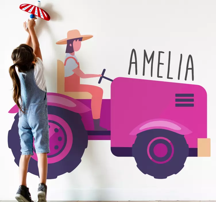 Fialový traktor s nálepkou hračky menom dievčatá - Tenstickers