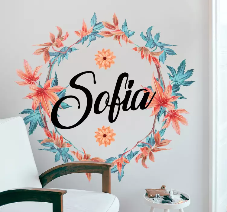 Jesenná kvetinová korunka s nálepkou s menom - Tenstickers