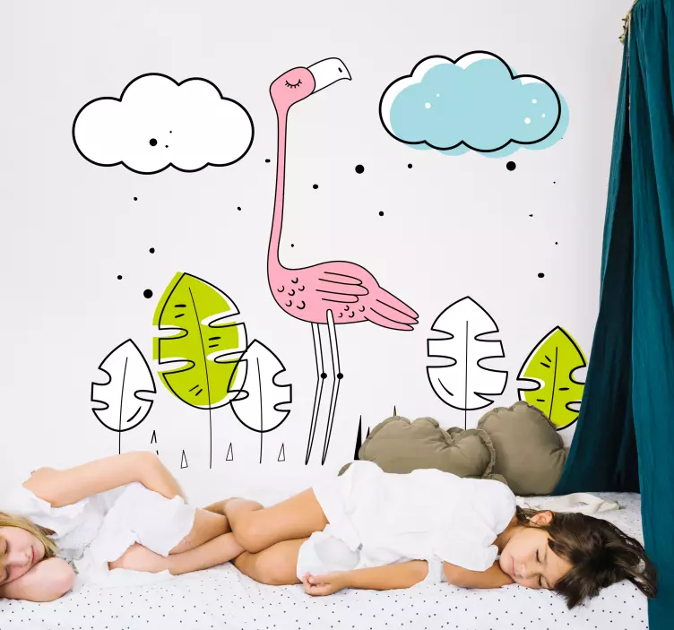 Nálepka s vtáčikom flamingo obklopené zeleňou - Tenstickers