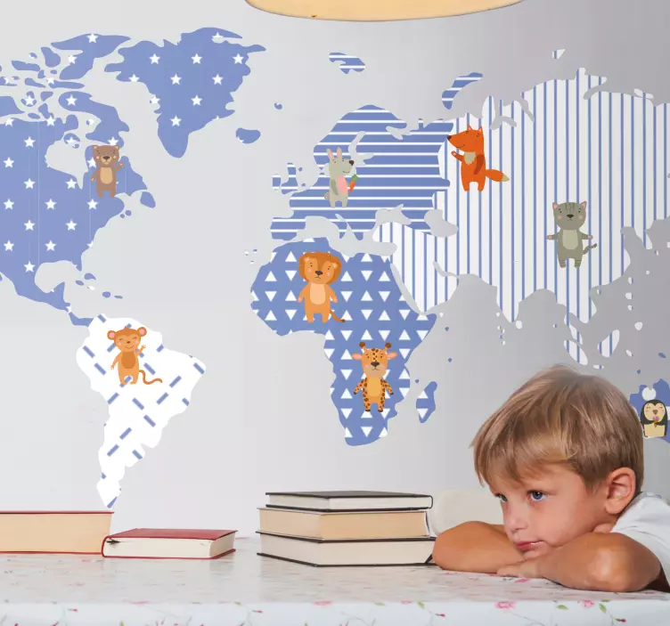 Nálepka s mapou sveta ilustrovaná mapa zvierat - Tenstickers