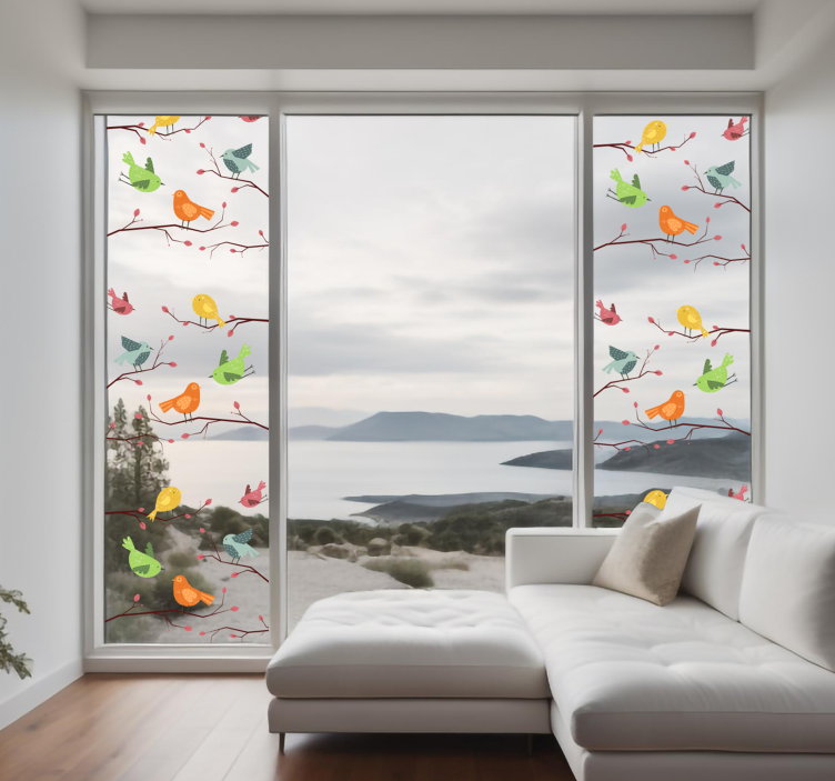 nálepka na okno vtáky na ružovej vetve - Tenstickers