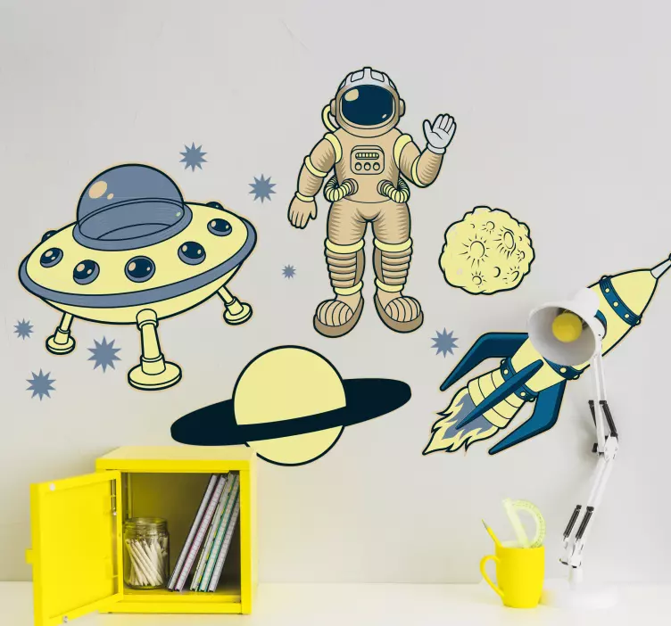 Vesmírna nálepka žlté dobrodružstvo astronauta - Tenstickers