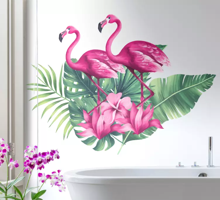 Plameniaky s rastlinnými listami Nálepky na stenu vtáka - Tenstickers