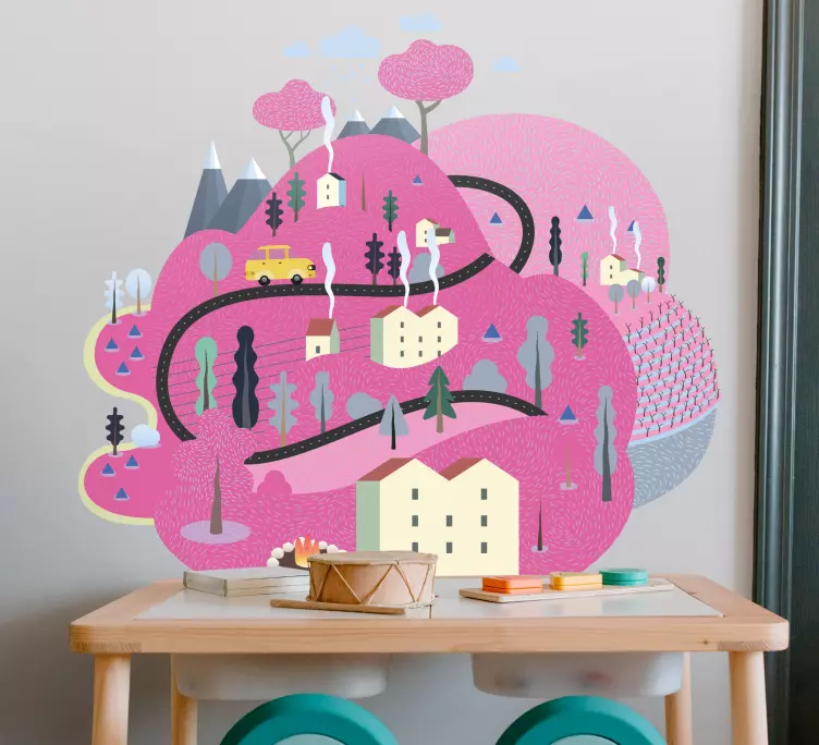 Ružové hory s domami ilustračný obtlačok - Tenstickers
