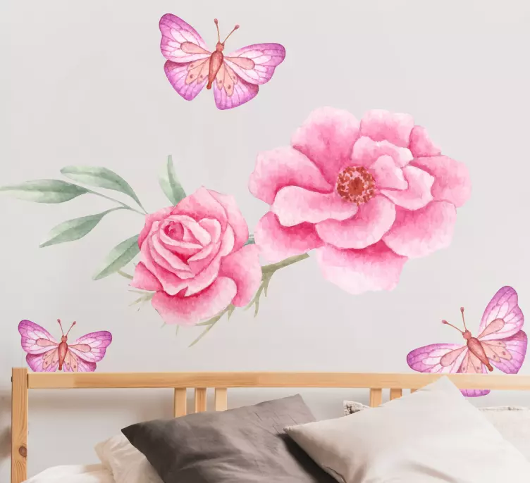 Ružová ruža a motýle kvetinová Nálepky na stenu - Tenstickers