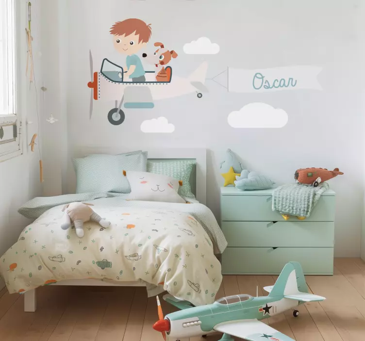 Ilustrovane nalepky na stenu chlapec a pes v lietadle - Tenstickers