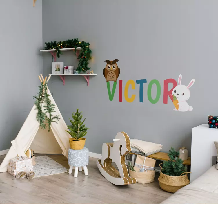 Ilustračná nálepka s vlastným menom sova králik - Tenstickers