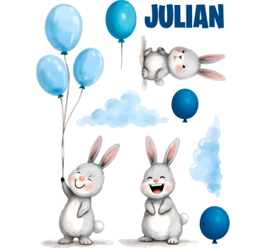Nálepka na stenu modré balóniky so zajačikmi - Tenstickers