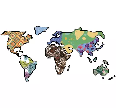 Svetová mapa, etnický vzor a samolepka na mapu zvierat - Tenstickers