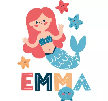 Farebná morská víla s nálepkou na stenu do detskej izby s menom - Tenstickers