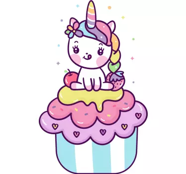 Karikatúra jednorožec sediaci na cupcake rozprávka fototapeta - Tenstickers