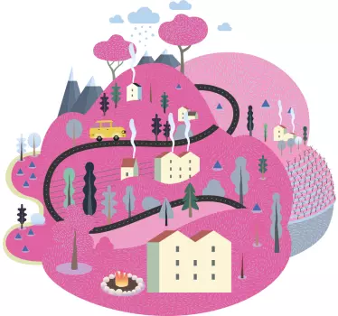 Ružové hory s domami ilustrácia nástenné umenie - Tenstickers
