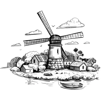 čierna a biela dedina kresba ilustrácie nástenné umenie - Tenstickers