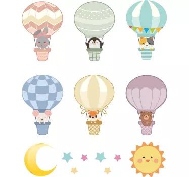 Farebné balóniky s roztomilými zvieratkami ilustrácia na stenu - Tenstickers
